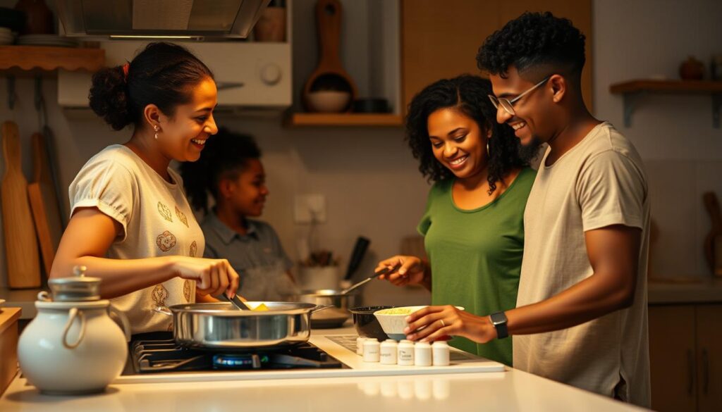 Família beneficiada pelo auxílio gás preparando refeição Família beneficiada pelo auxílio gás preparando refeição